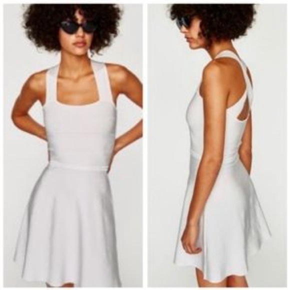 Zara Knit White Fit & Flare Bandage Skater Criss Cross Mini Dress Size Small - Picture 2 of 6